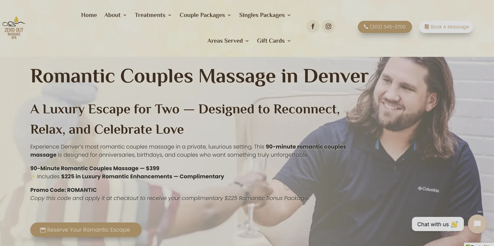 Landing page for a 90 minute romantic couples massage in Denver priced at $399 with a reserve button.